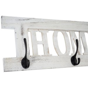 Weiße Wandgarderobe im Shabby-Look mit HOME Schriftzug und drei Doppelhaken.