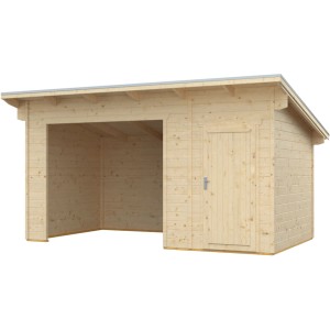 Skan Holz Gartenhaus Knut mit Unterstand, Natur, 430x250 cm. Holz-Gartenhaus mit Anbaudach.