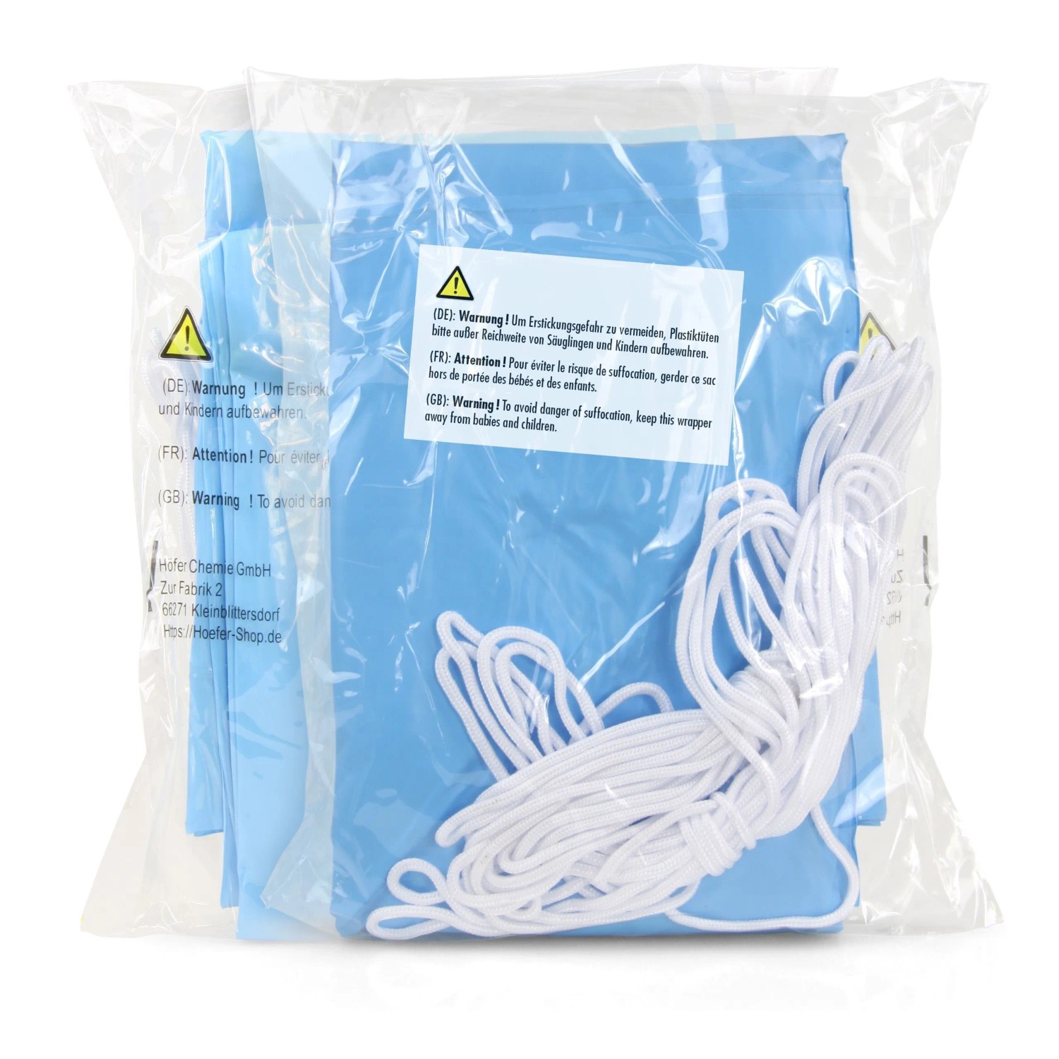 5 blaue Pool Winter Luftkissen von Höfer Chemie, verpackt mit weißer Kordel.