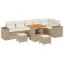 Beiges 9-teiliges vidaXL Garten-Sofa-Set aus Poly Rattan mit Tisch und Hockern.