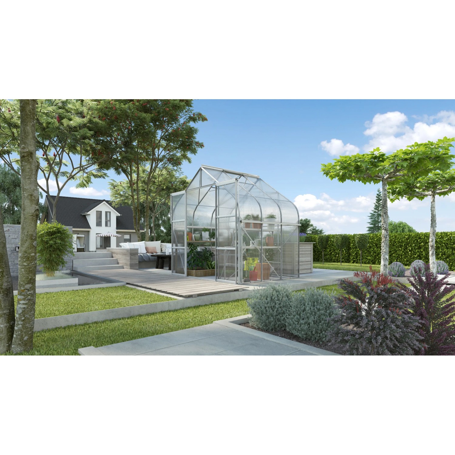 Vitavia Gewächshaus Diana 5000 aus eloxiertem Aluminium mit Hohlkammerplatten im Garten.