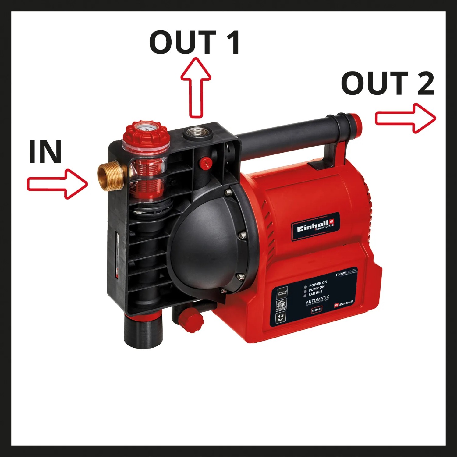 Einhell GE-AW 1042 FS Hauswasserautomat, rote Gartenpumpe mit Wasserfüllanzeige und Anschlüssen.