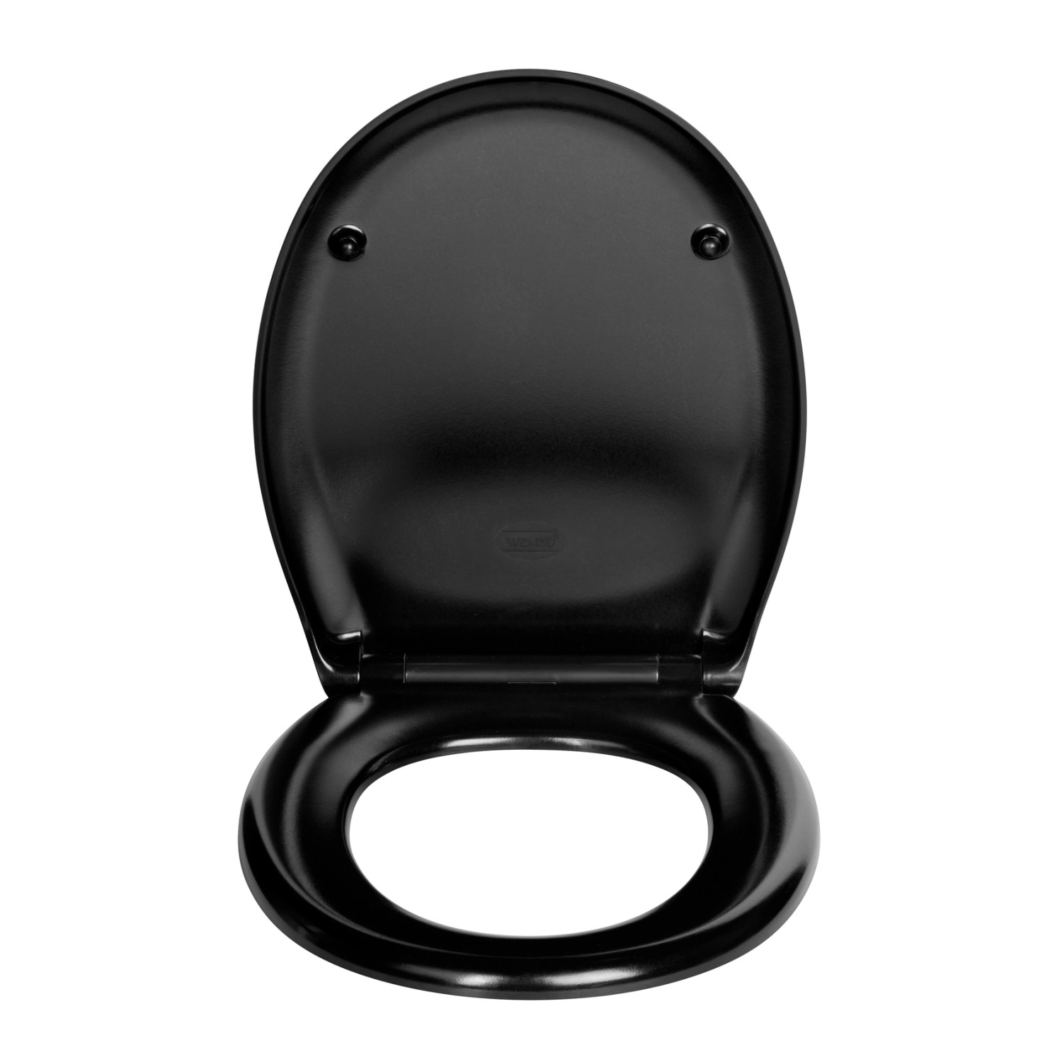 Schwarzer Wenko WC-Sitz Rieti aus Duroplast mit Absenkautomatik und Edelstahl-Befestigung.