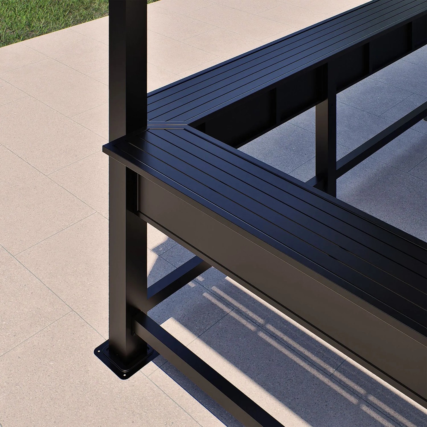 Detailaufnahme: Schwarzer Sojag Pavillon Bondi mit Ablagefläche und Aluminiumkonstruktion.