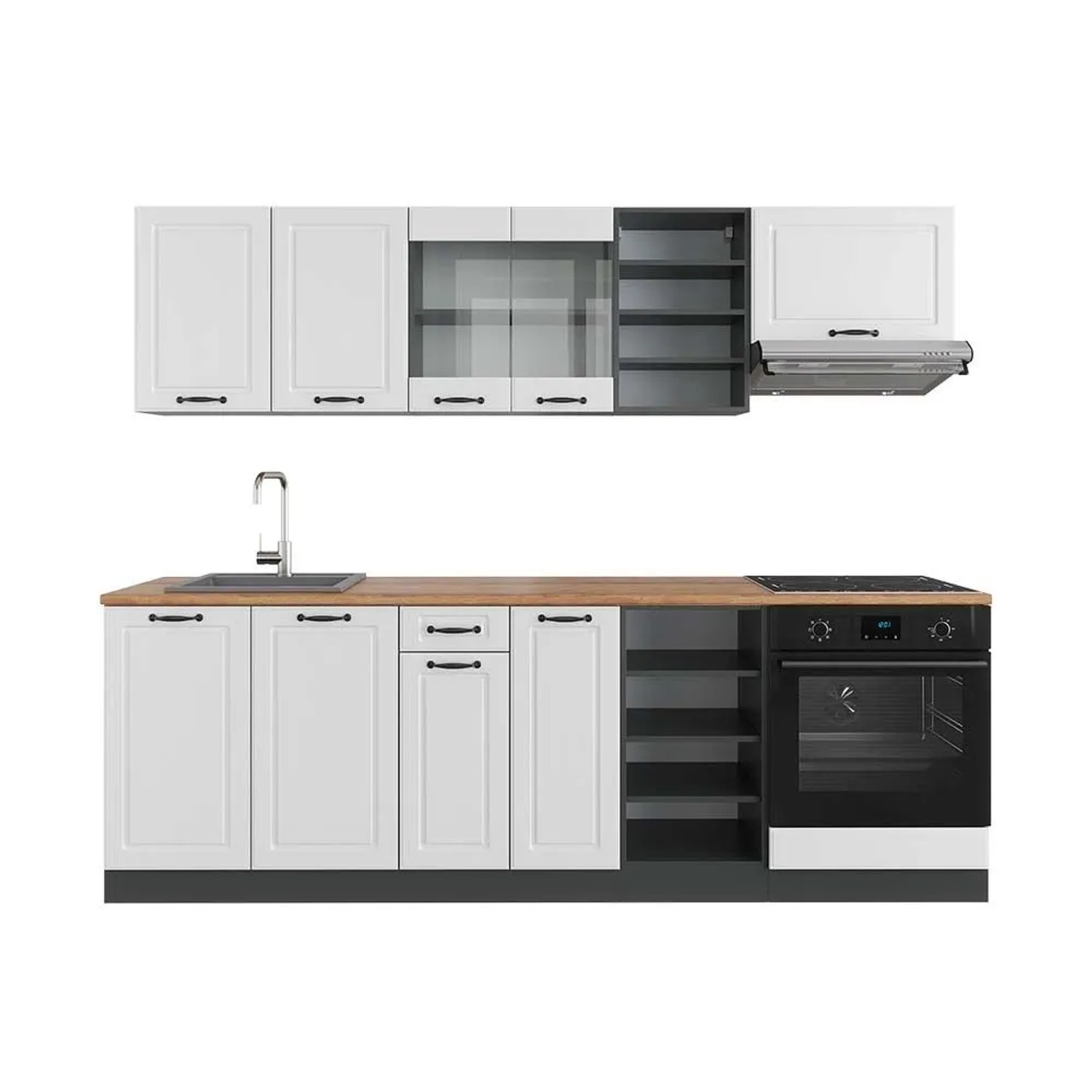 Vicco R-Line Küchenzeile Weiß Landhaus Anthrazit 240 cm AP Eiche ohne E-Geräte