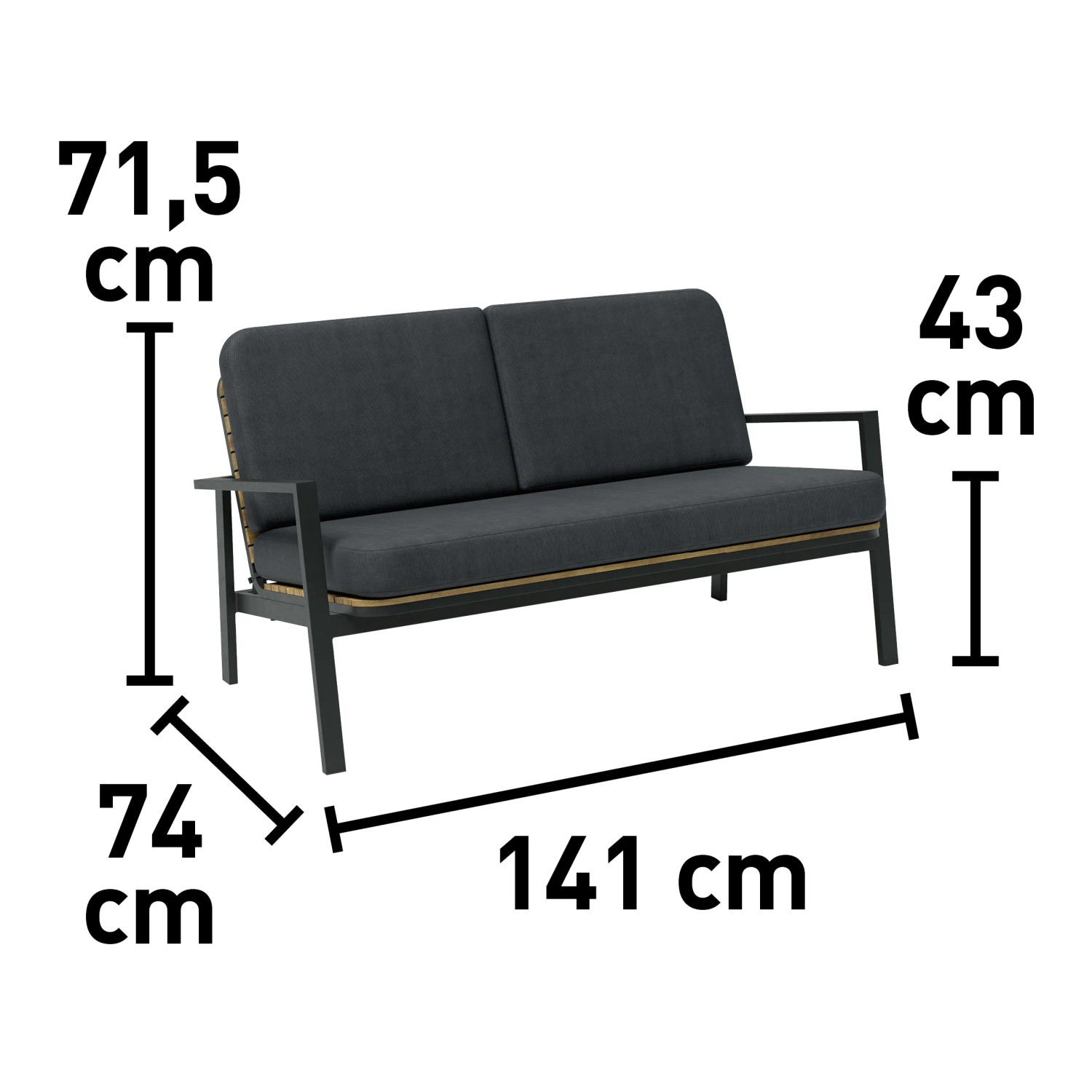 Detailaufnahme des 2-Sitzer-Sofas aus dem Lounge-Set Olary aus Akazienholz mit grauen Kissen.