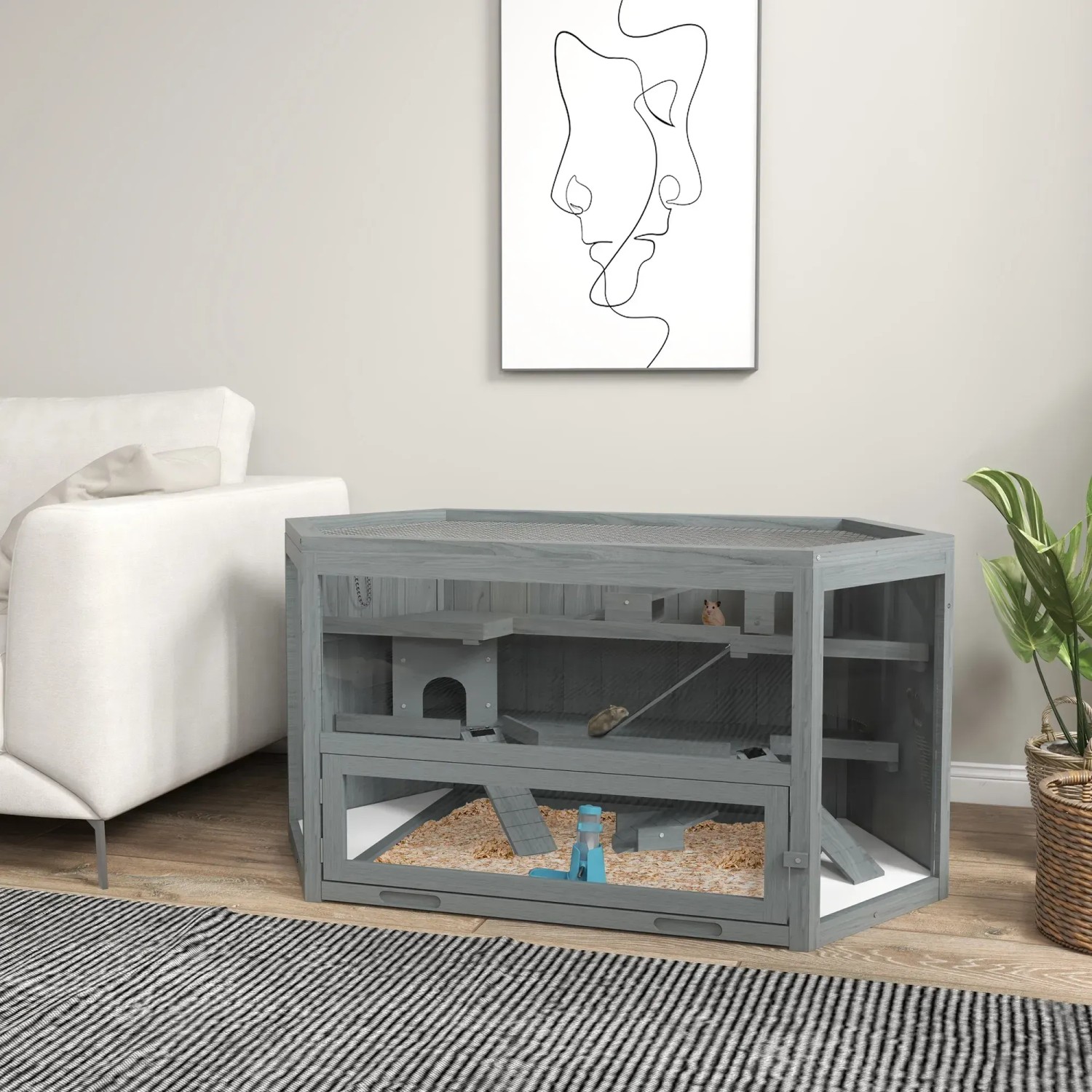 Grauer PawHut Hamsterkäfig aus Holz mit drei Ebenen und Plexiglas-Fenster.