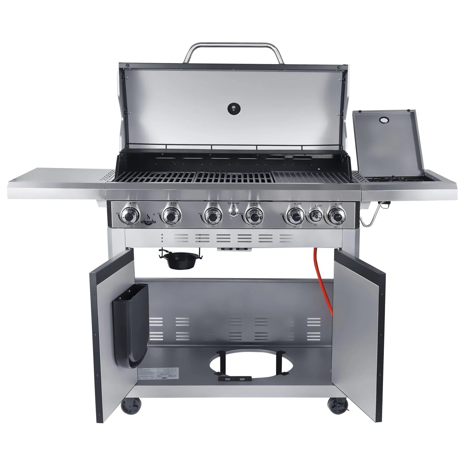 El Fuego Detroit Gasgrill mit 6+1 Brennern, Edelstahl, doppelwandiger Deckel und Seitenbrenner.