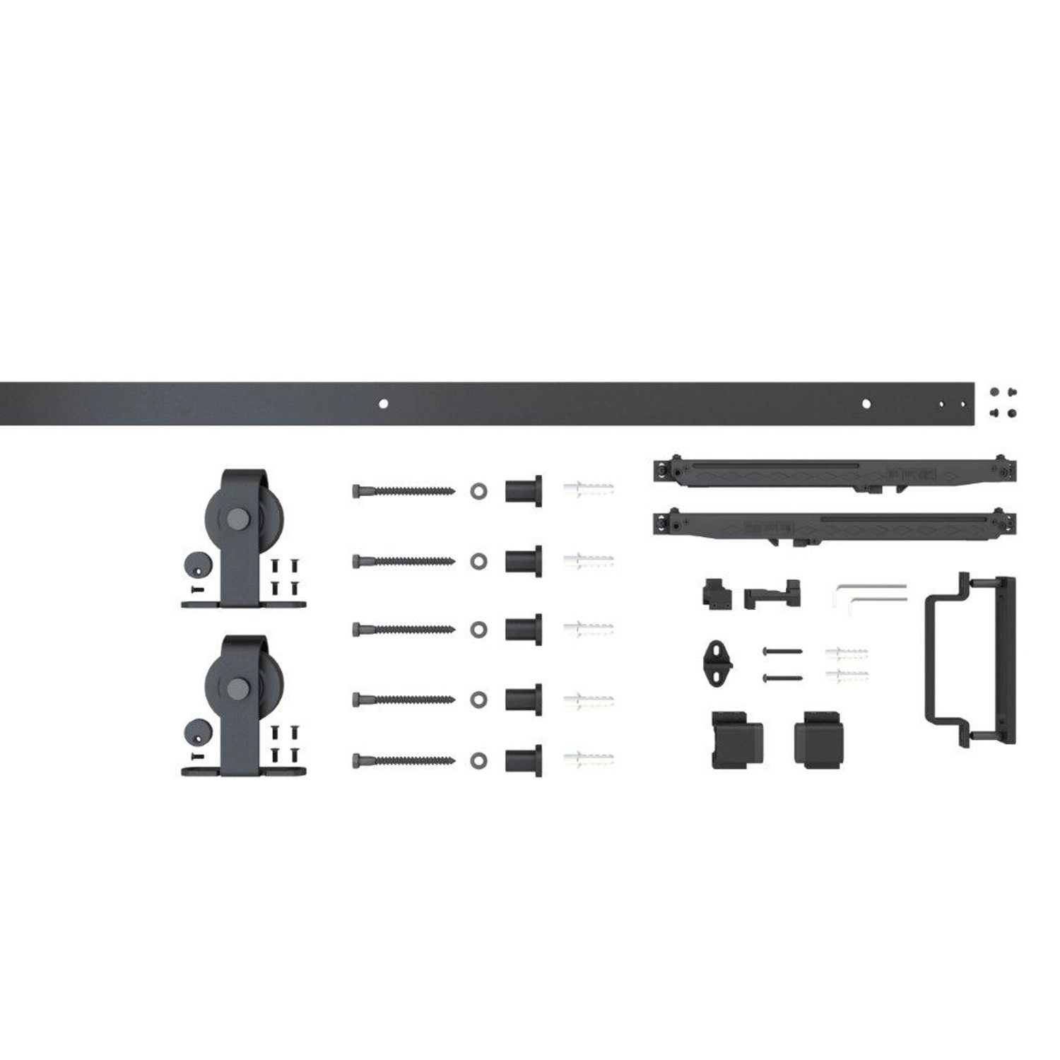 Komplettset in Schwarz für inova Loft Glasschiebetür mit Laufschiene, Softclose und Montagezubehör.