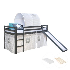 Homestyle4u Kinderhochbett 90x200 Grau mit Lattenrost Rutsche Matratze 2787