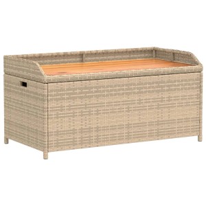 Beige Gartenbank mit Stauraum aus Polyrattan und Akazienholz, 100x50x52 cm.