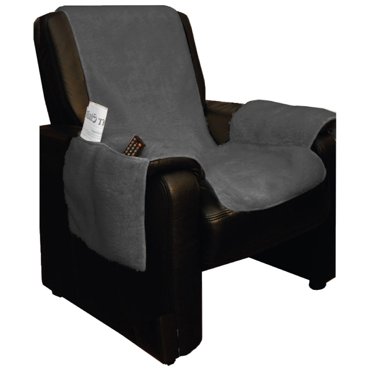 Dunkelgrauer Bestlivings Sesselschoner Lammflor 147x147 cm auf Sessel, mit Taschen.