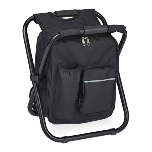 Schwarzer Relaxdays Campinghocker mit Tasche, klappbar, aus Eisen und Polyester, 42x35x29 cm.