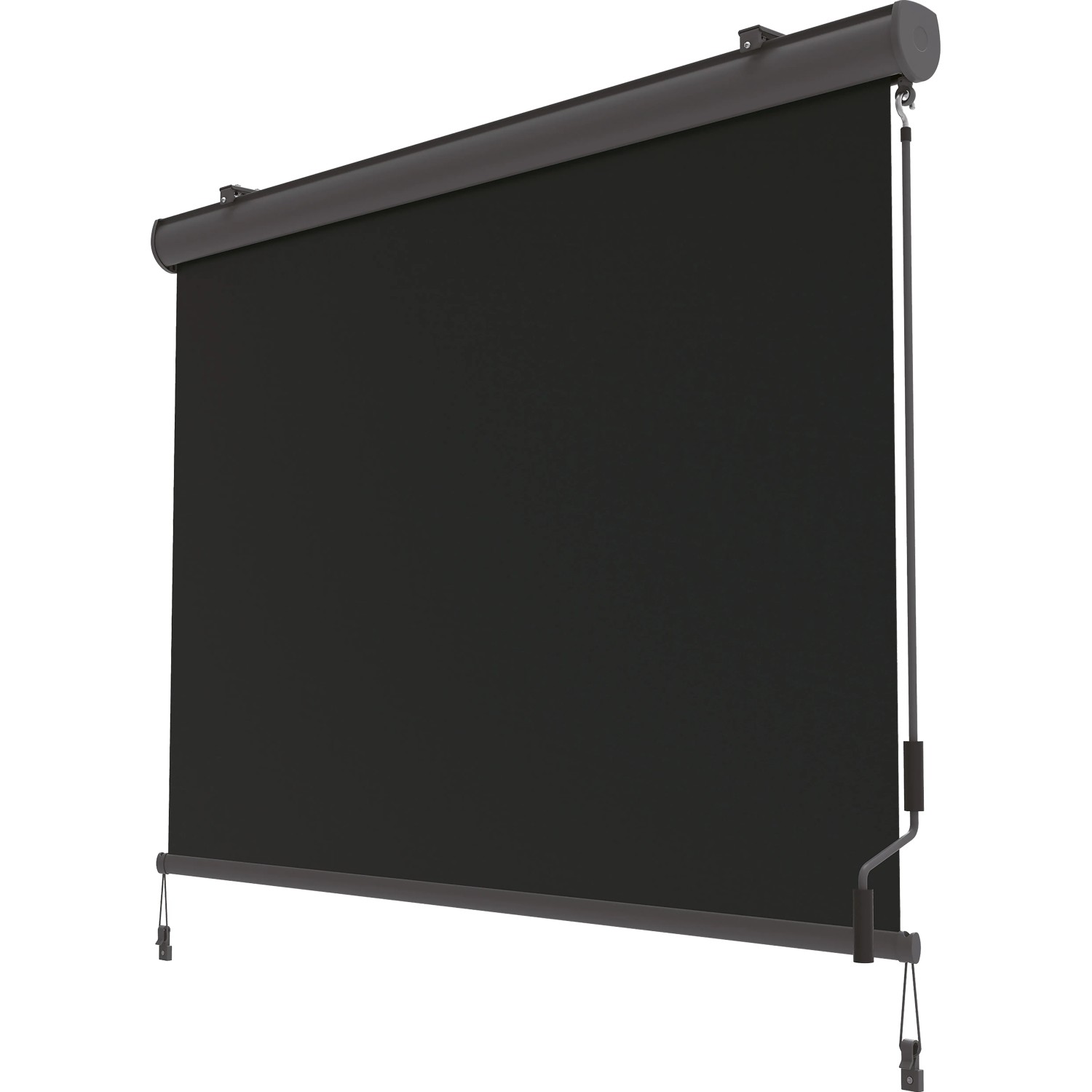 Anthrazitfarbene Vertikalmarkise Loverna 1,4x2m mit Kassette für Balkon und Terrasse.