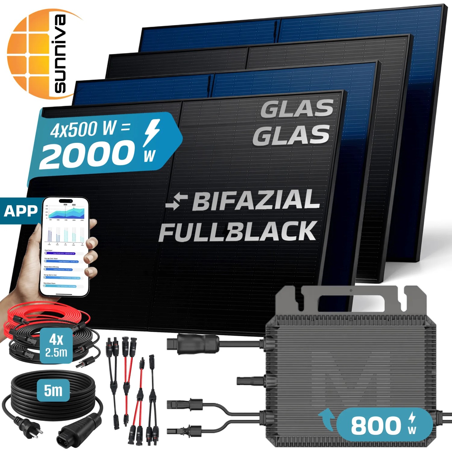 SUNNIVA Balkonkraftwerk 2000W mit bifazialen Glas-Glas Solarmodulen, 800W Wechselrichter und Kabel.
