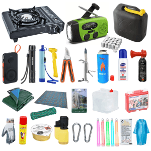JUNG BLACKOUTPro Notfall Survival Kit: Gaskocher, Handkurbelradio, Wasserkanister, Taschenlampe, Multitool, Verbandskasten, Regenponcho.