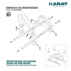 Montageanleitung für KARAT Fahrradständer Linus, geeignet für 5 Fahrräder, zur Boden- oder Wandmontage.