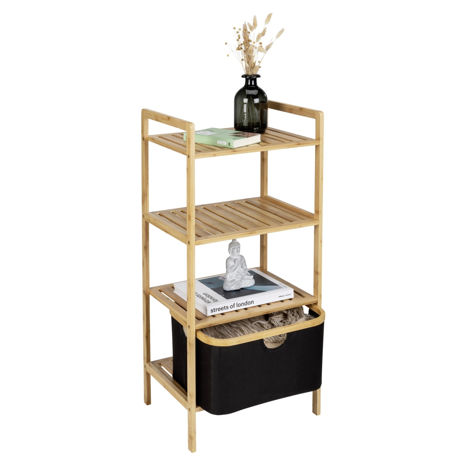 Standregal Ecori mit 3 Etagen und Korb in Cappuccino aus FSC®-zertifiziertem Bambus.