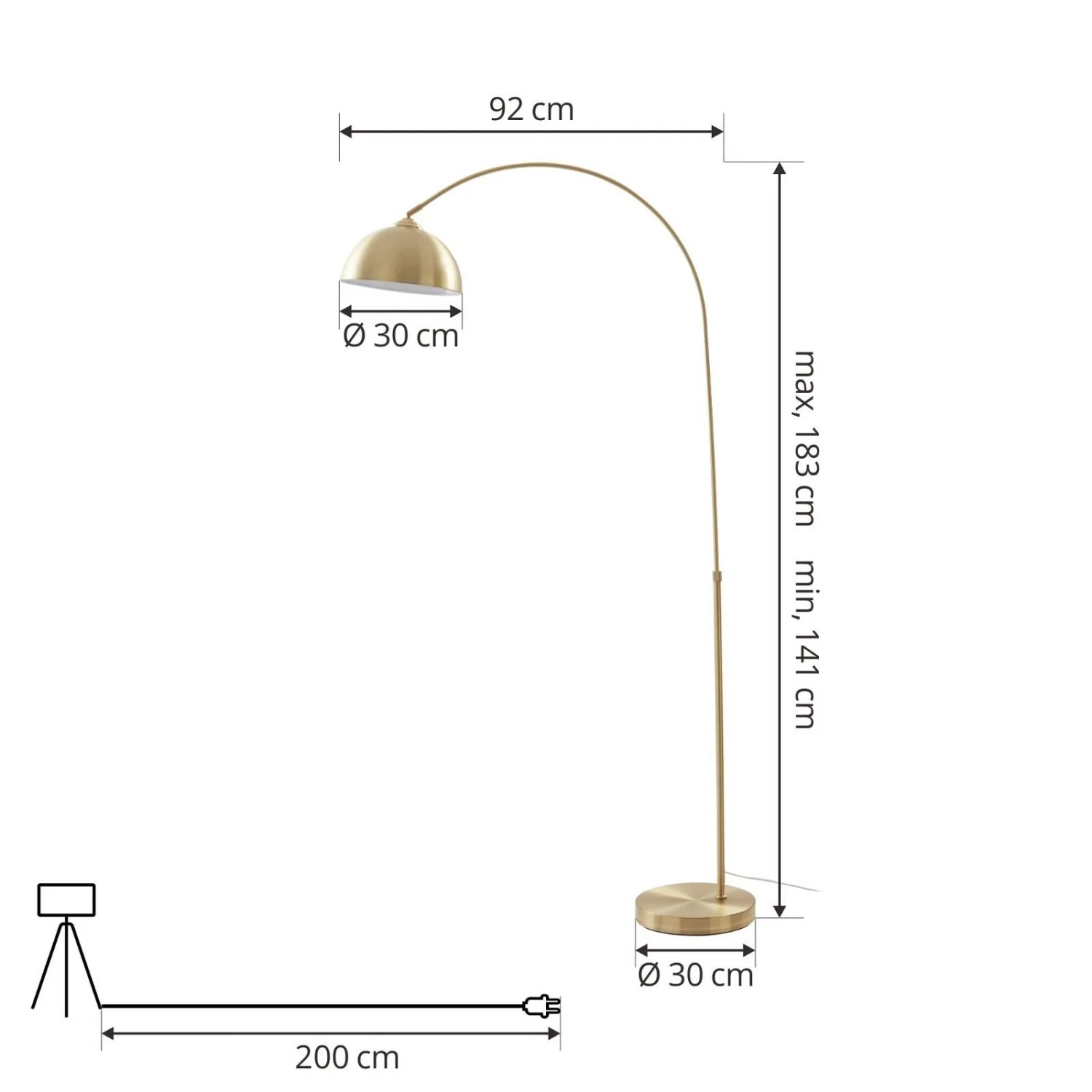 Goldene Lindby Bogenleuchte Lennart aus Metall, höhenverstellbare Stehlampe für Wohnzimmer.