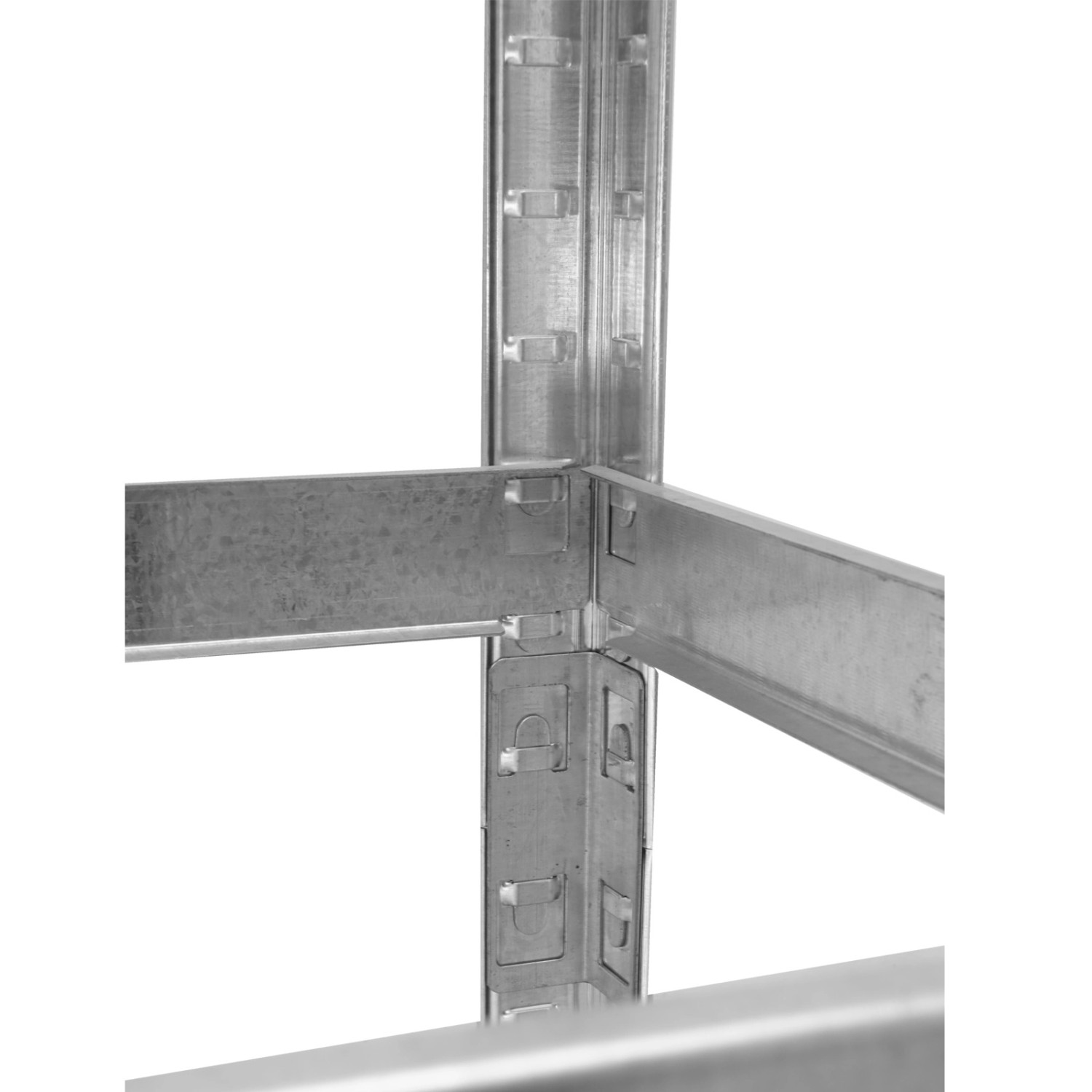 Detailaufnahme des TRUTZHOLM Reifenregals: Stecksystem und verzinkter Stahl.