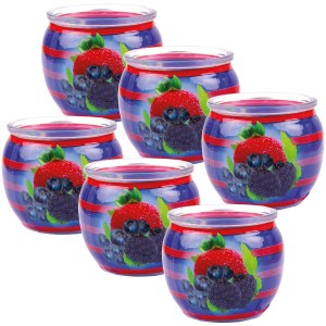 6er Pack HS Candle Duftkerzen Mixed Berries im Glas mit Erdbeer- und Blaubeermotiv.