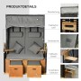 Detailansicht Outsunny Strandkorb hellgrau: Dach, Tisch, Tasche, Fußstütze, Gestell aus Holz und Rattan.