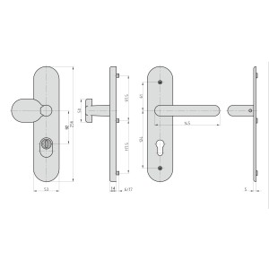 Technische Zeichnung: Basi Schutzbeschlag Alu F1 Wechsel-Garnitur mit Maßangaben für Türstärke.