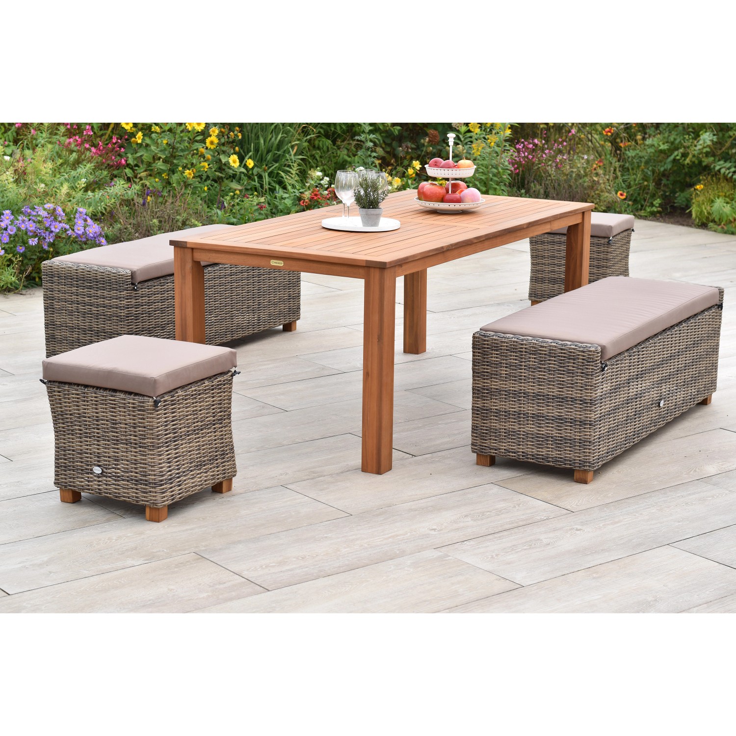 Merxx Toskana Set 9-tlg. 2 Bänke 2 Hokcer inkl. Auflage Gartentisch 185 x 9 günstig online kaufen