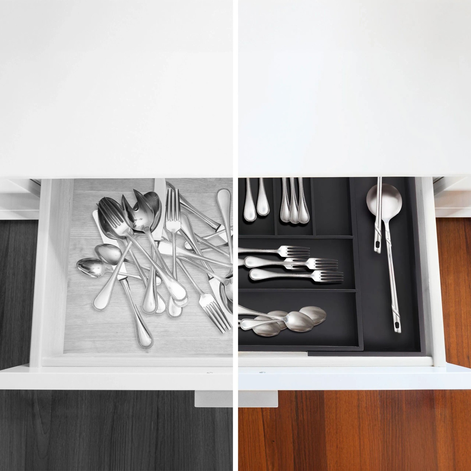 Ausziehbarer Relaxdays Besteckkasten aus Bambus und MDF, schwarz, mit Besteck in Schublade.