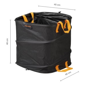 Fiskars Gartenabfallsack Ergo Pop Up, 73 l, schwarz-orange, mit Tragegriffen und Größenangaben.