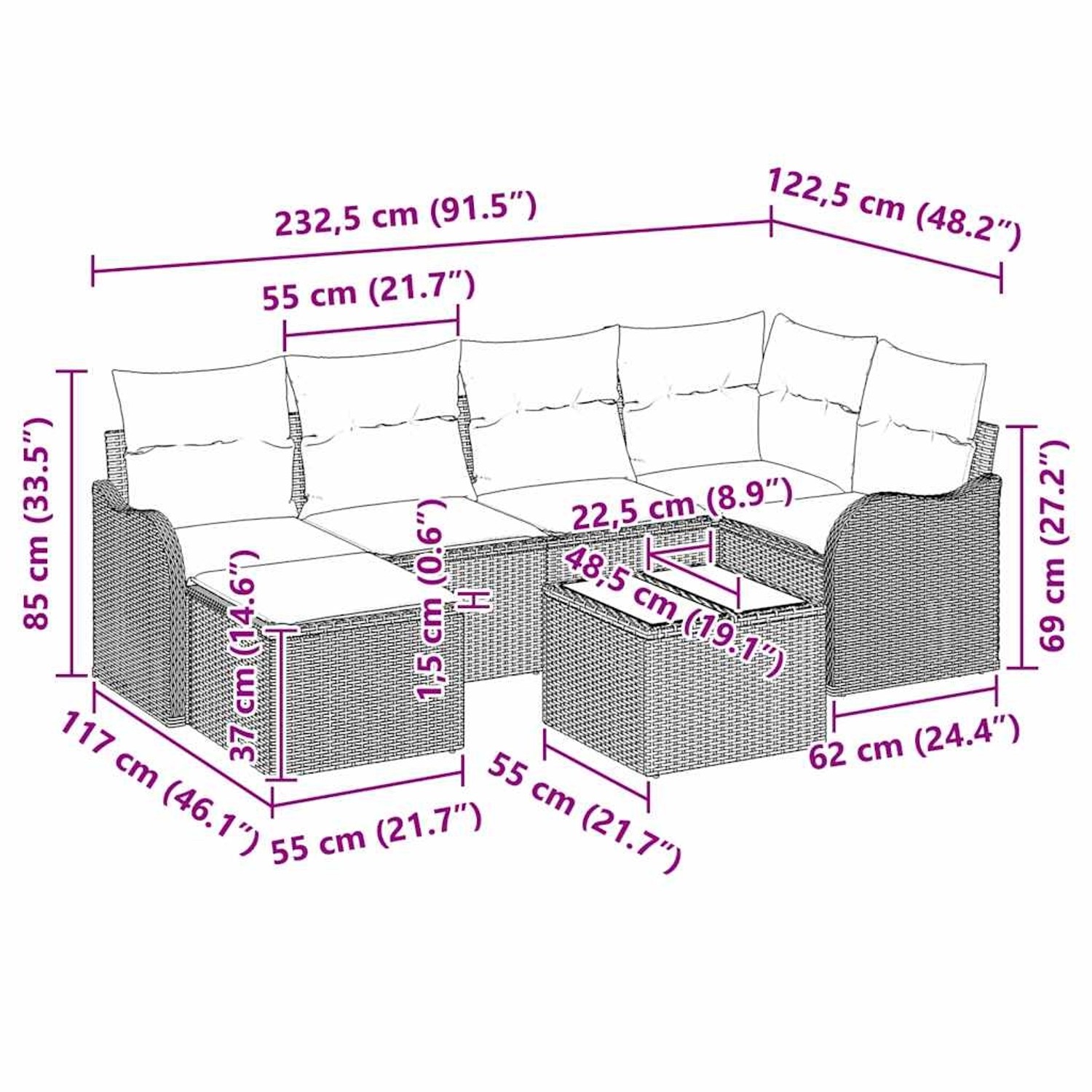 vidaXL Garten-Sofa-Set, 7-teilig, schwarz/weiß, Poly Rattan, mit Maßangaben.