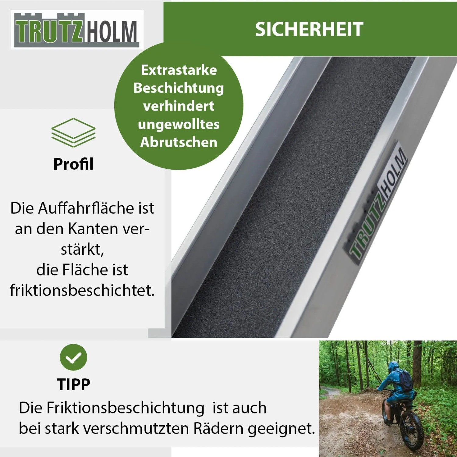 TRUTZHOLM Alu Auffahrschiene mit rutschfester Beschichtung. Verstärkte Kanten für sicheres Verladen von E-Bikes bis 50 kg.
