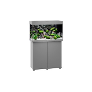 Graue Juwel Rio 125 LED Aquarium-Kombination mit Unterschrank, befüllt mit Fischen und Pflanzen.
