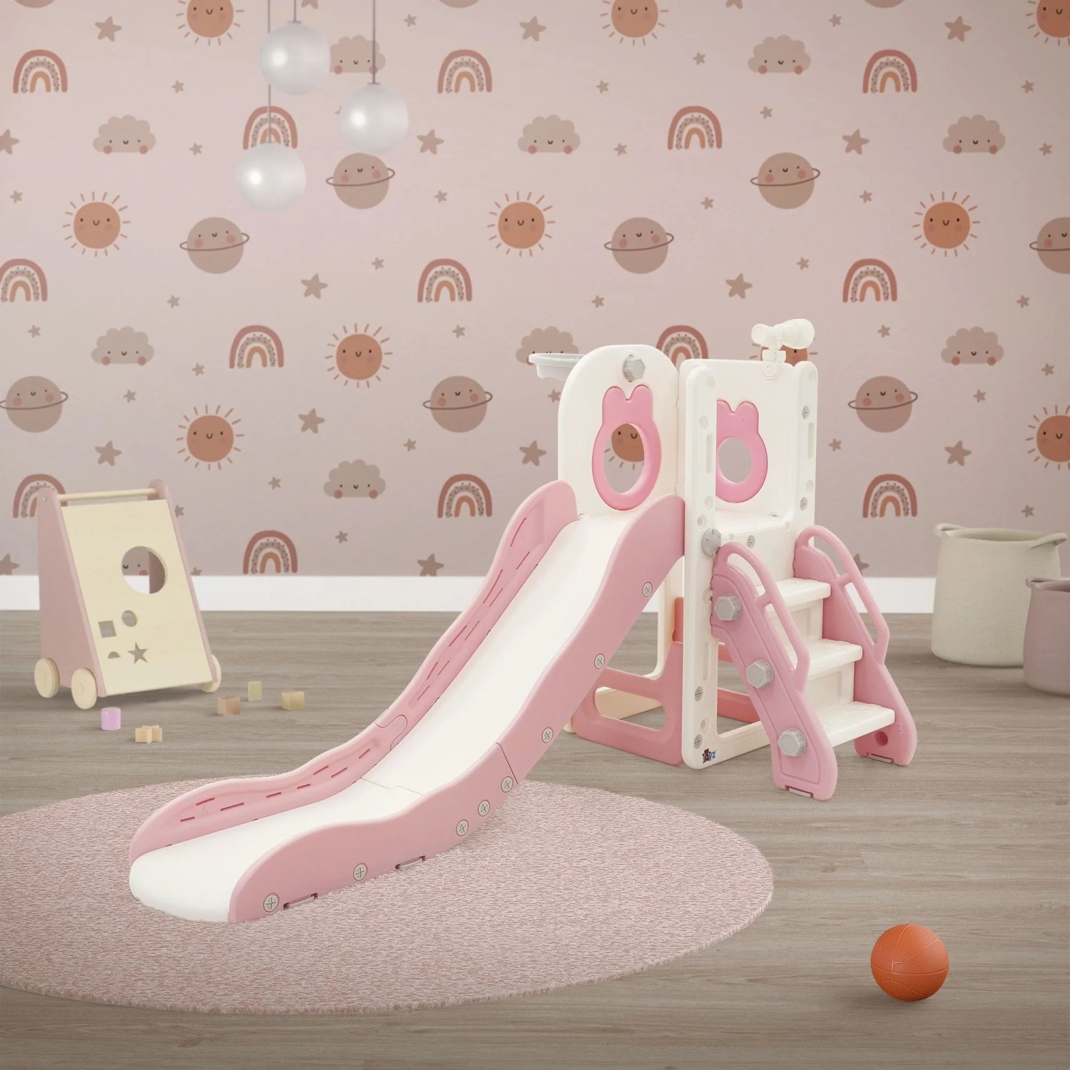 Joyz 3in1 Kinderrutsche Rosa Kunststoff mit Spielturm & Basketballkorb_4