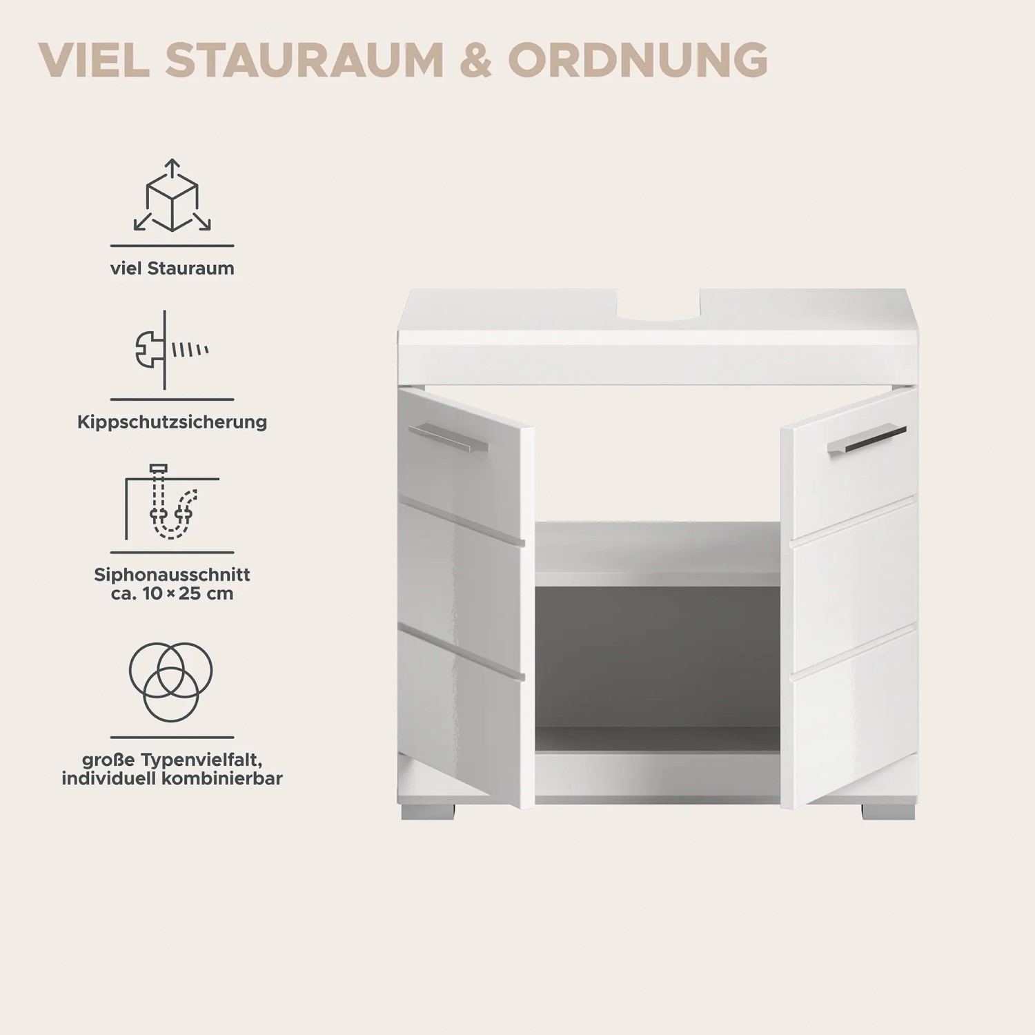 Waschbeckenunterschrank, 60cm, Weiß Hochglanz, mit offenen Türen für Stauraum im Badezimmer.