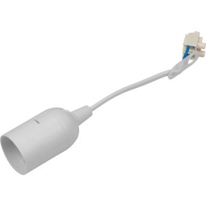 Weiße E27 Lampenfassung mit Kabel und Klemme für Lampeninstallation.