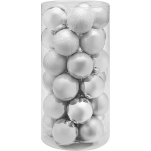 30-teiliges Weihnachtskugel-Set in Silber mit Glitzer, matten und glänzenden Oberflächen.