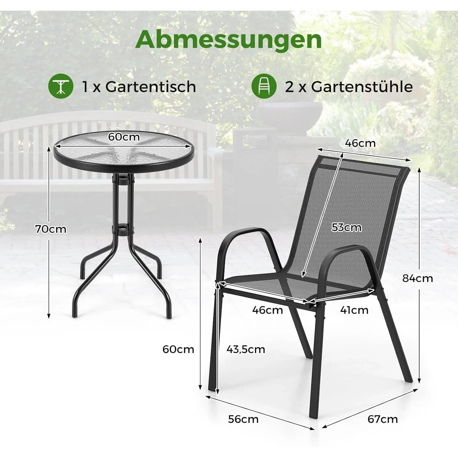 Costway Balkonmöbel Set, 3-teilig: Bistrotisch mit Glasplatte und 2 stapelbare Gartenstühle, Maße.