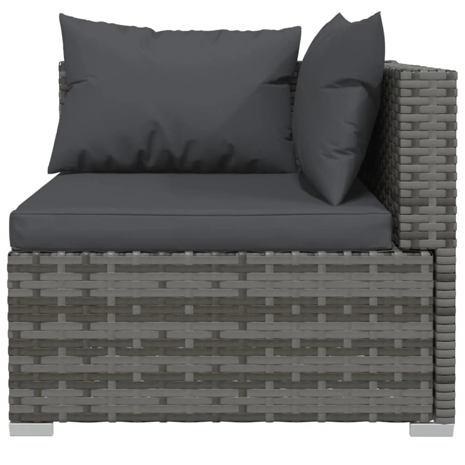 Graues 7-tlg. Garten Lounge Set aus Polyrattan mit anthrazitfarbenen Kissen.