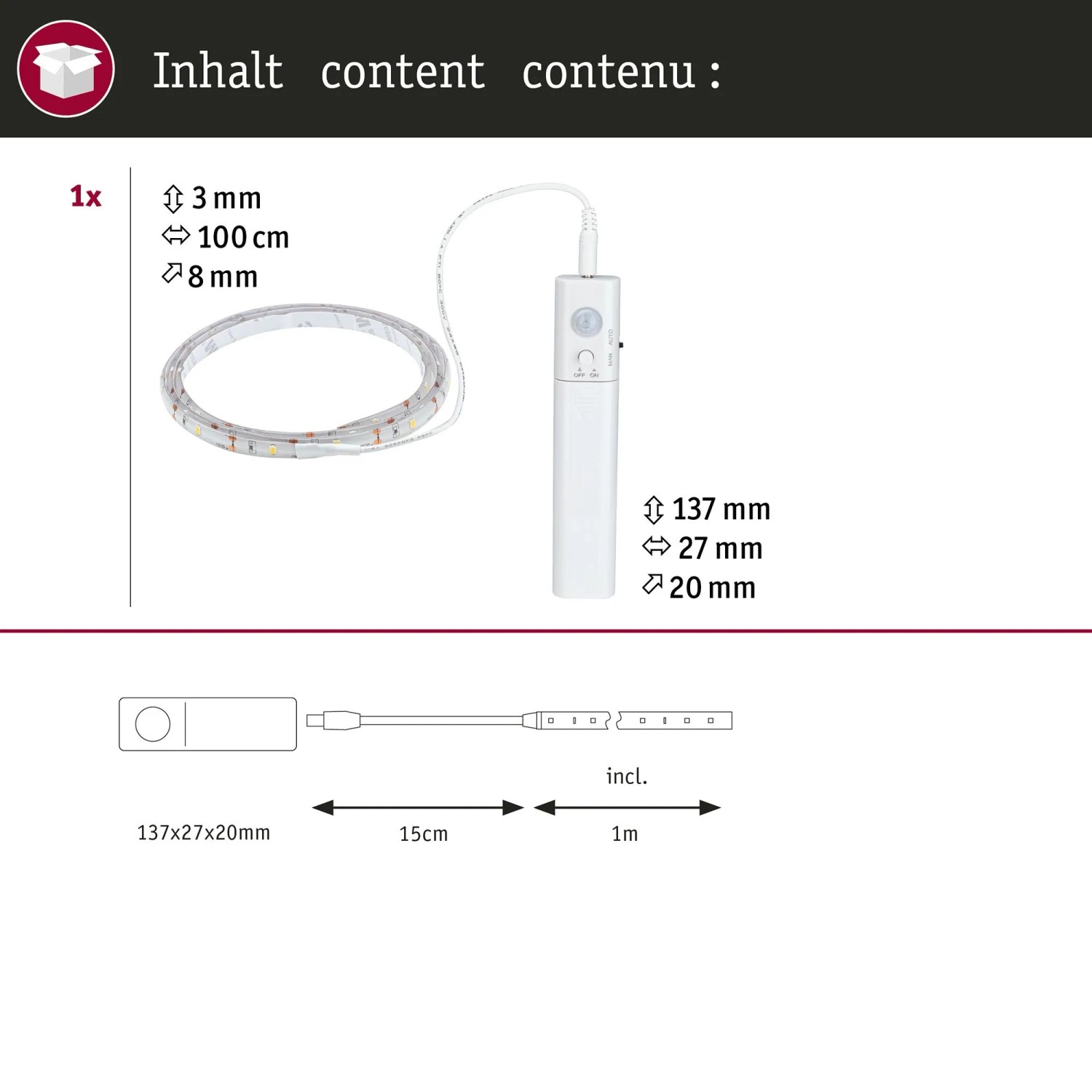 Paulmann LED-Streifen 1m, batteriebetrieben, mit Bewegungsmelder und weißem Batteriefach. Selbstklebend.