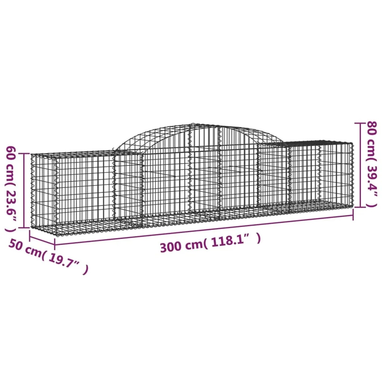 vidaXL Gabionen mit Hochbogen, 11 Stk, 300x50x60/80 cm, aus verzinktem Eisen für Hochbeete.