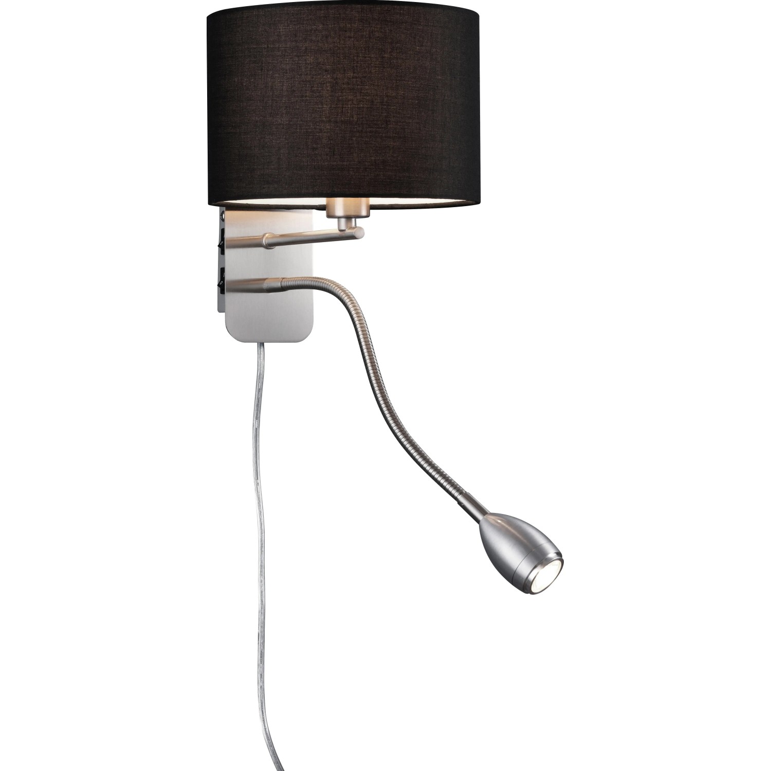 Moderne Trio Wandleuchte mit schwarzem Stoffschirm und flexibler Leselampe.