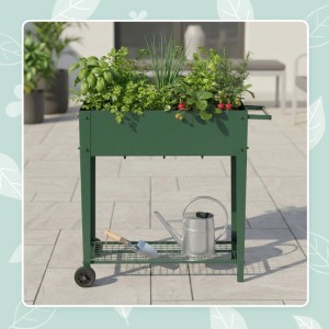 Grünes Metall-Hochbeet mit Rädern, Gitterablage, bepflanzt mit Kräutern und Erdbeeren. Ideal für Balkon & Terrasse.