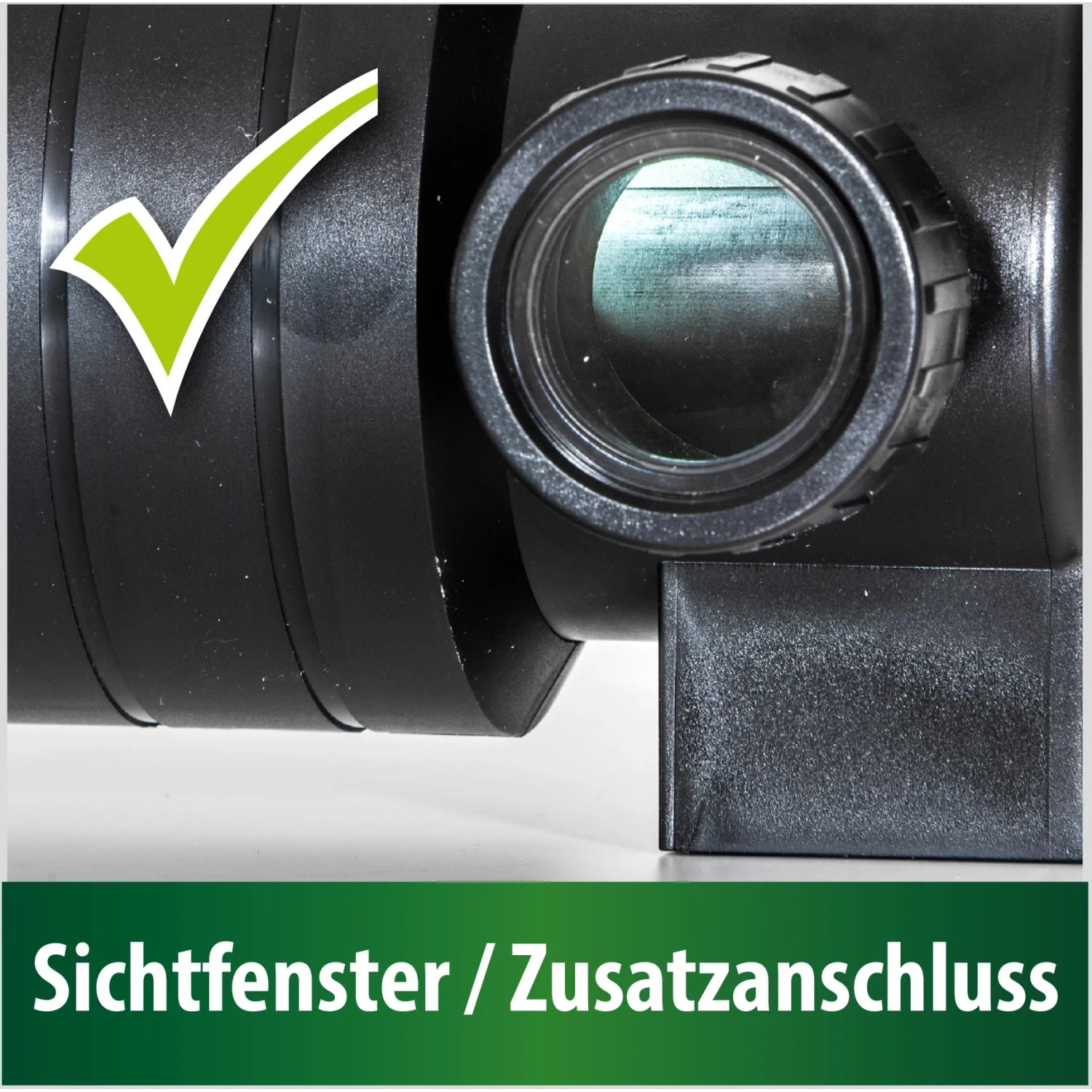 Detailaufnahme: Heissner UVC-Teichklärer mit Sichtfenster und Anschluss für Teichpumpen & Filter.