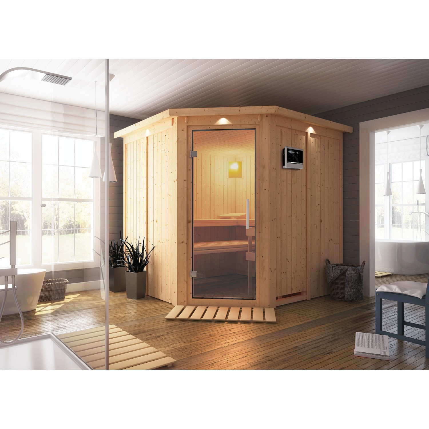 Karibu Sauna Jorma mit Ofen externe Stg.Easy LED-Dachkranz Natur