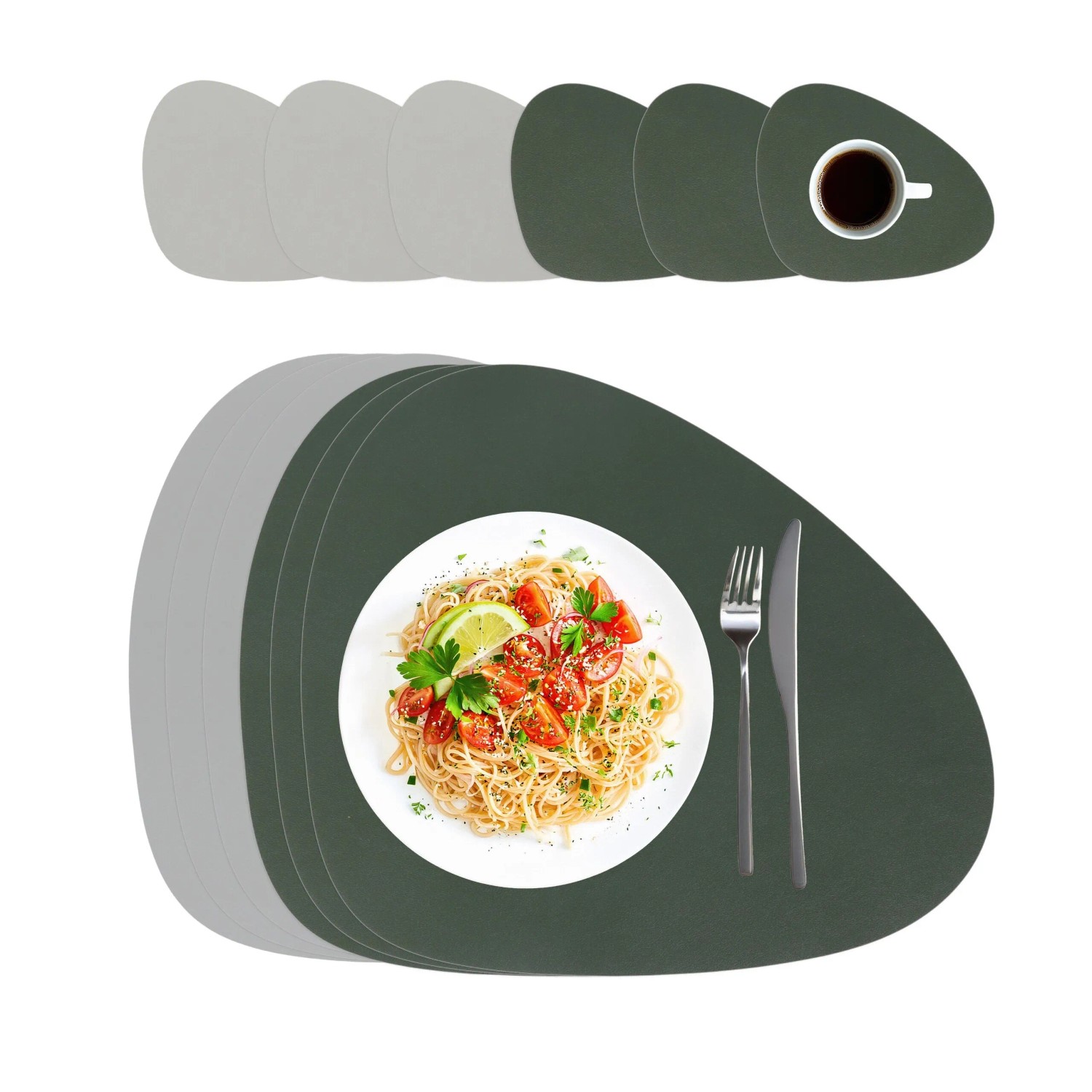 Relaxdays Platzdeckchen mit Untersetzern Kunstleder Grau-Grün Beidseitig Verwendbar 6er Set 30 cm x 40,5 cm