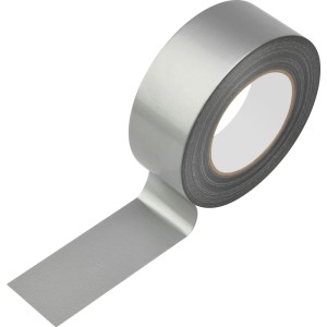 Silbernes Gewebeband (Duct Tape) auf Rolle, 50 mm breit, teilweise abgerollt. Robustes Klebeband.