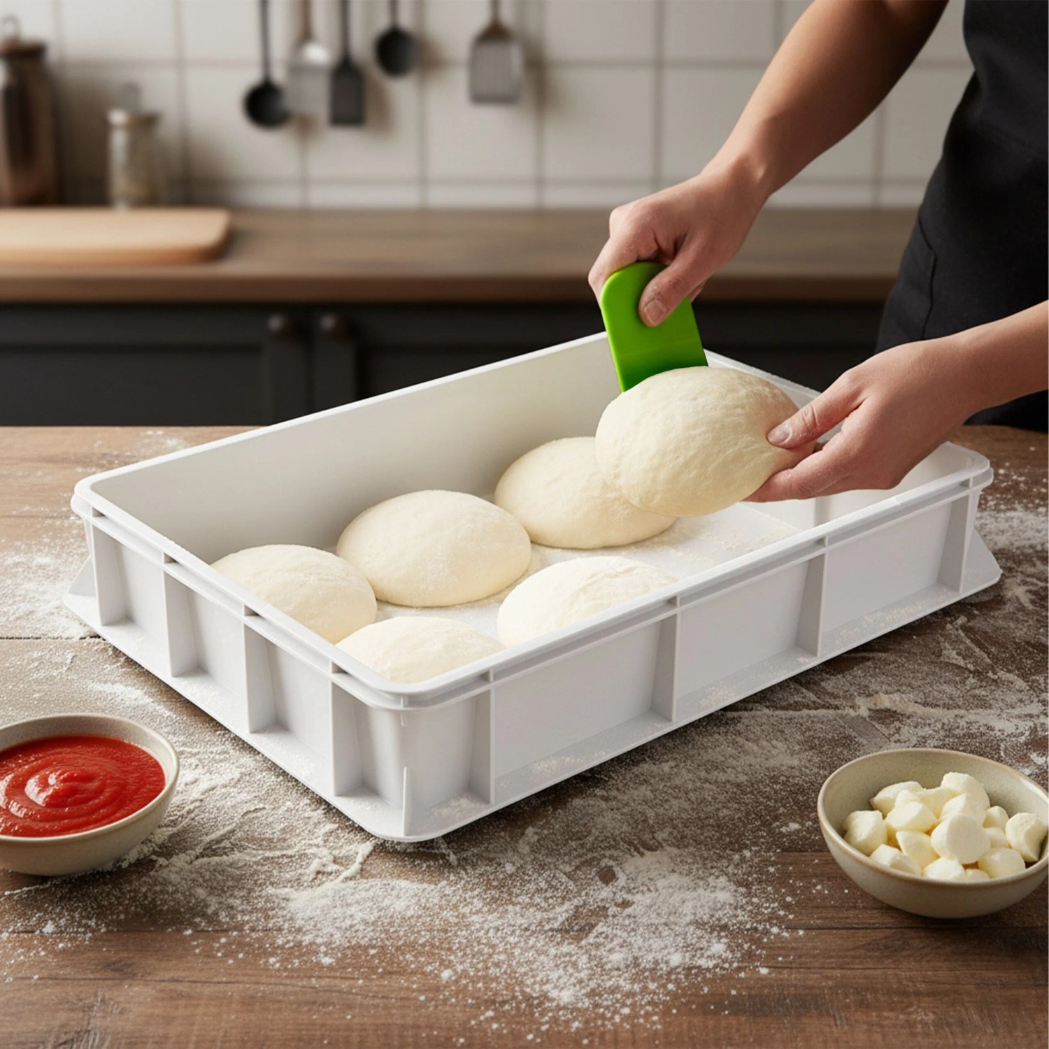 Weiße Kunststoff Pizzaballenbox mit Teiglingen. Eine Hand nutzt Teigspachtel zum Portionieren in der Küche. Ideal zur Gärung.