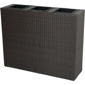 Brauner Raumtrenner 'Coffee' mit 3 Pflanztöpfen aus Kunststoffgeflecht.