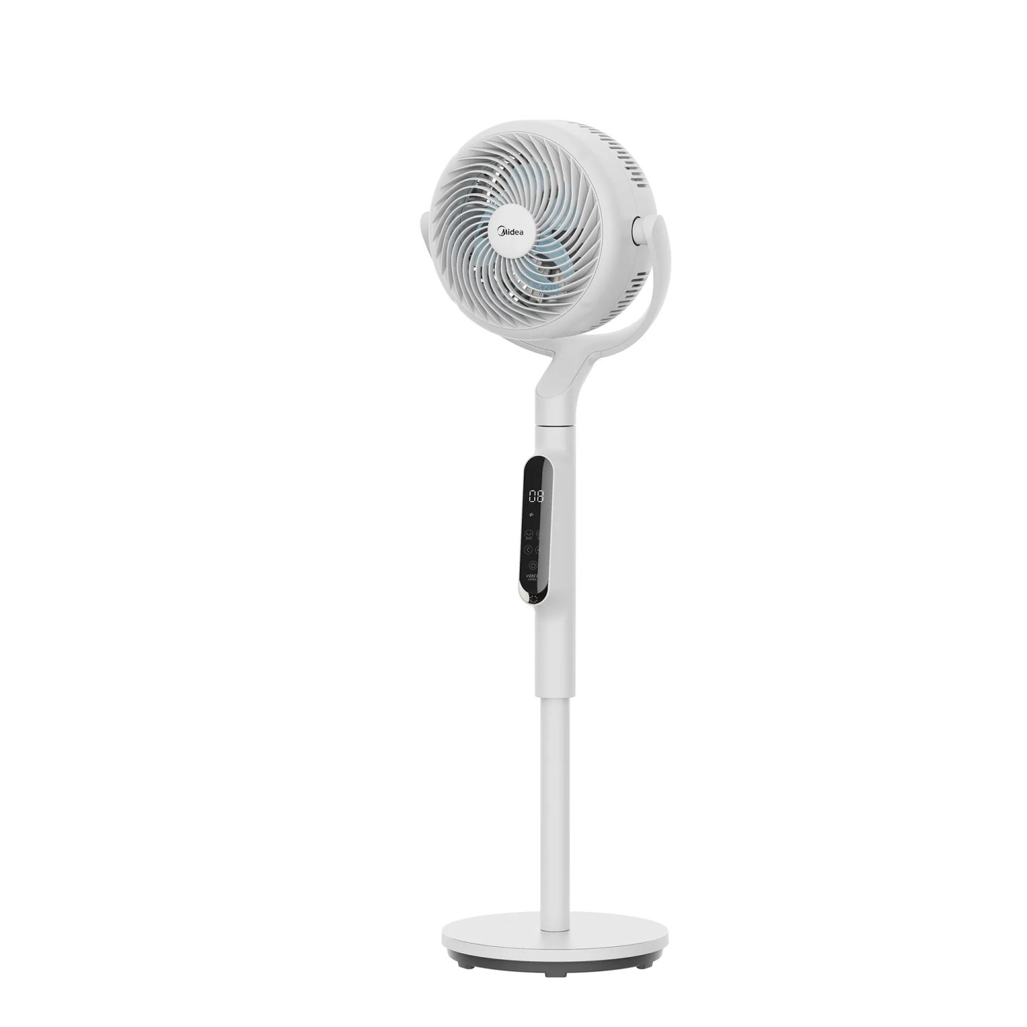 Weißer, höhenverstellbarer Midea Luftzirkulationsventilator mit digitalem Display.